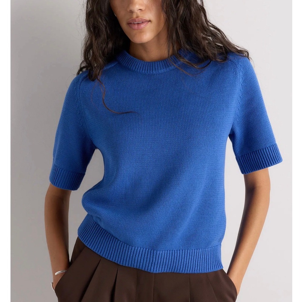 Quince Sweater Womens M Blue Organic Cotton Short Sleeve Crew Neck Knit Top